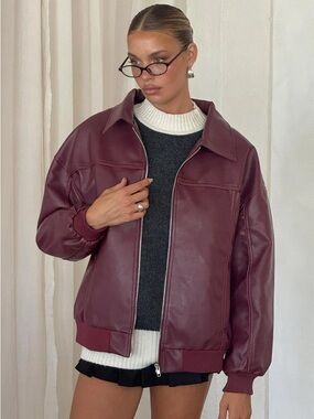 Princess Polly Goldsmith Faux Leather Bomber Jacket Burgundy